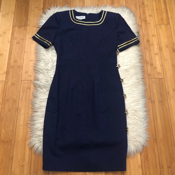 Jessica Howard Sailor Nautical Stars Linen Navy Gold Trim Sheath Dress size 6 - Picture 1 of 11